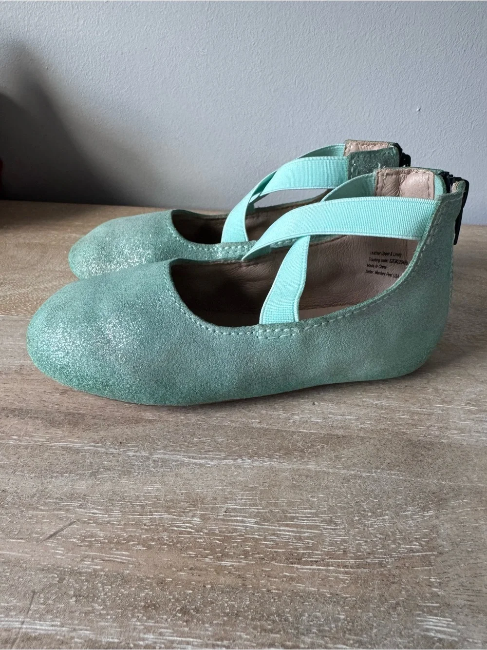 Monkey Feet Mint Green Glitter Ballet Flats with Elastic Cross Straps